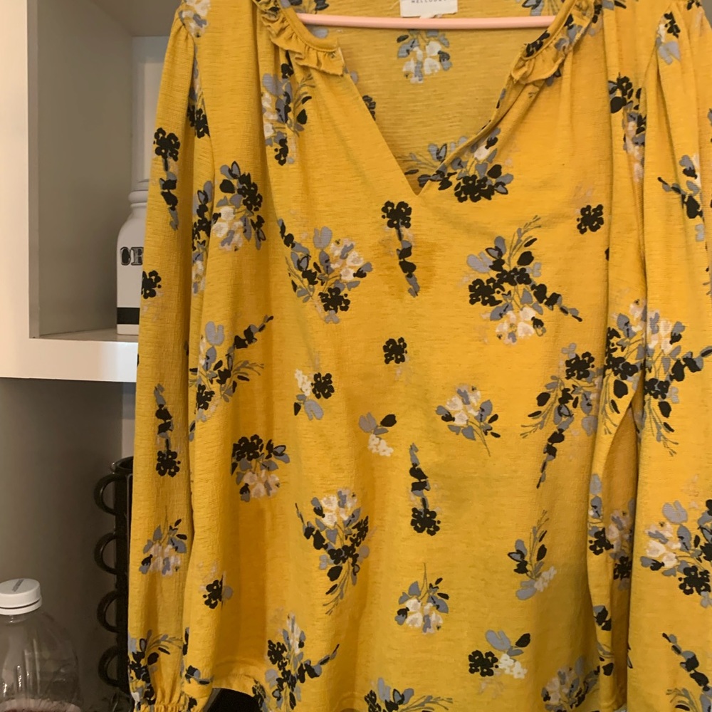 Mustard, black, grey blouse. Size XL